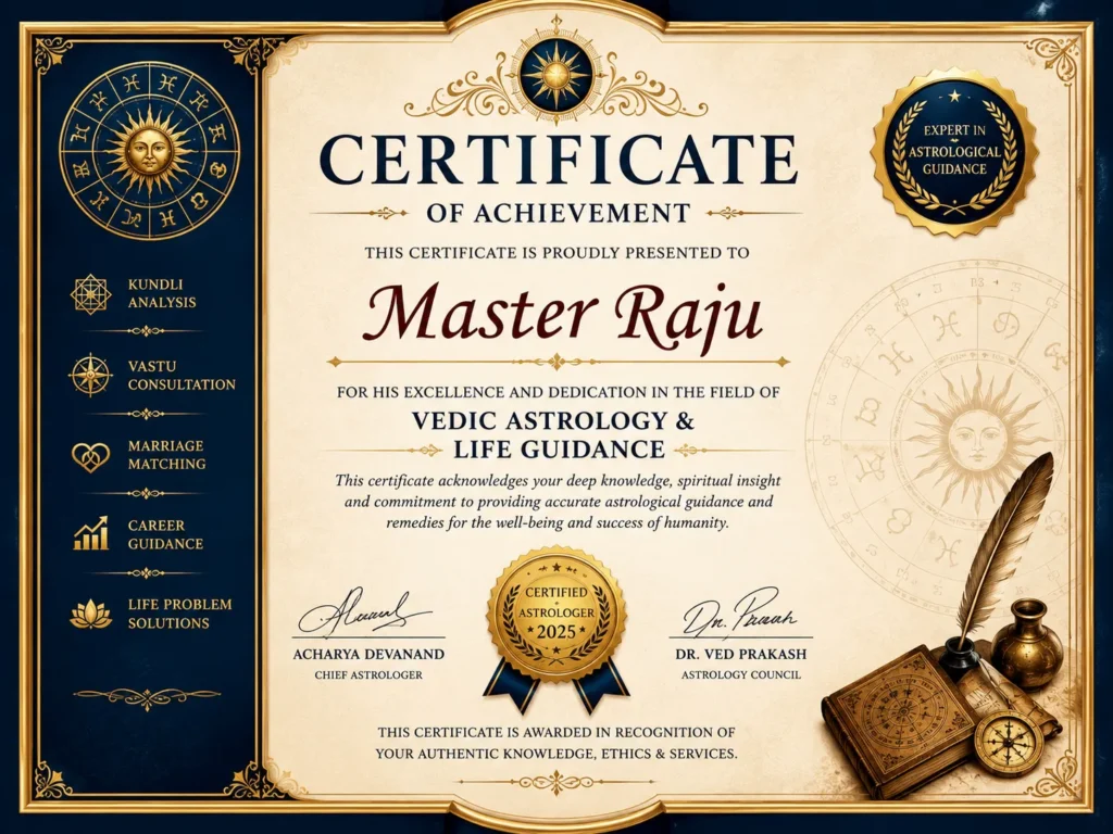 Master Raju certificate of traditional Vedic astrology and horoscope reading expertise